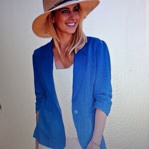 2025 NWT Summer Linen Blue Blazer With Ruched Sleeves     Size L